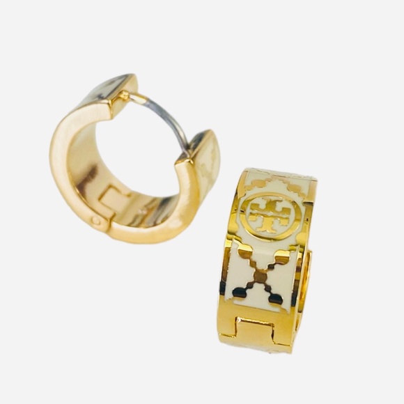 Auth Tory Burch Gold & Ivory Monogram T Huggie Earring Rtl $200 - Picture 2 of 5